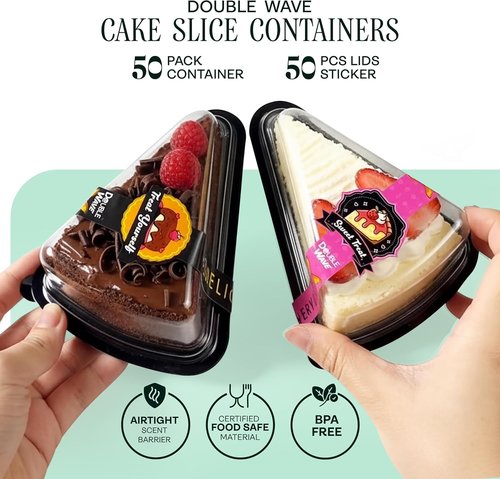 DoubleWave Clear Cake Slice Containers - 50-Pack BPA-Free, Stackable & Shatter-Resistant | Keeps Cake Fresh for Events