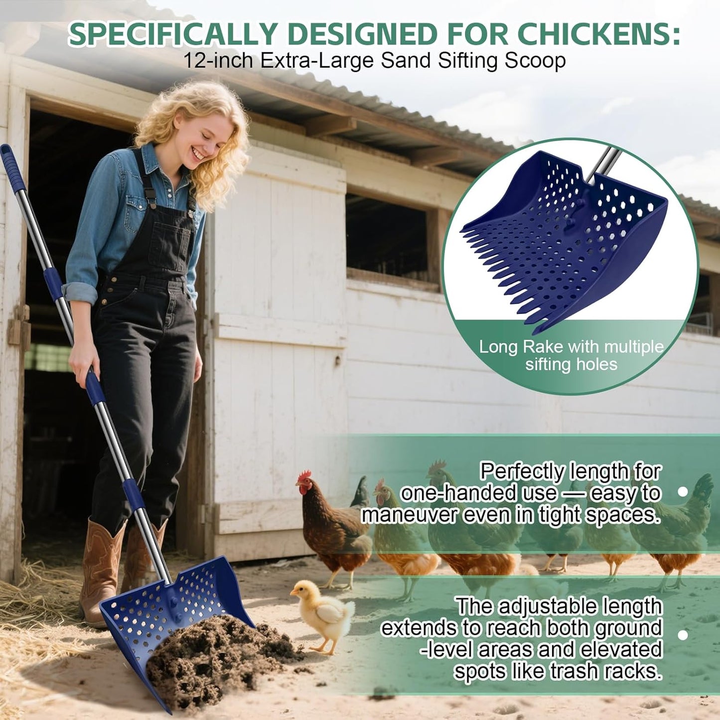 US Patent Pending 12-Inch Chicken Poop Scooper & Rake - Stainless Steel Handle | 3-Shape Sifting Holes (Blue)