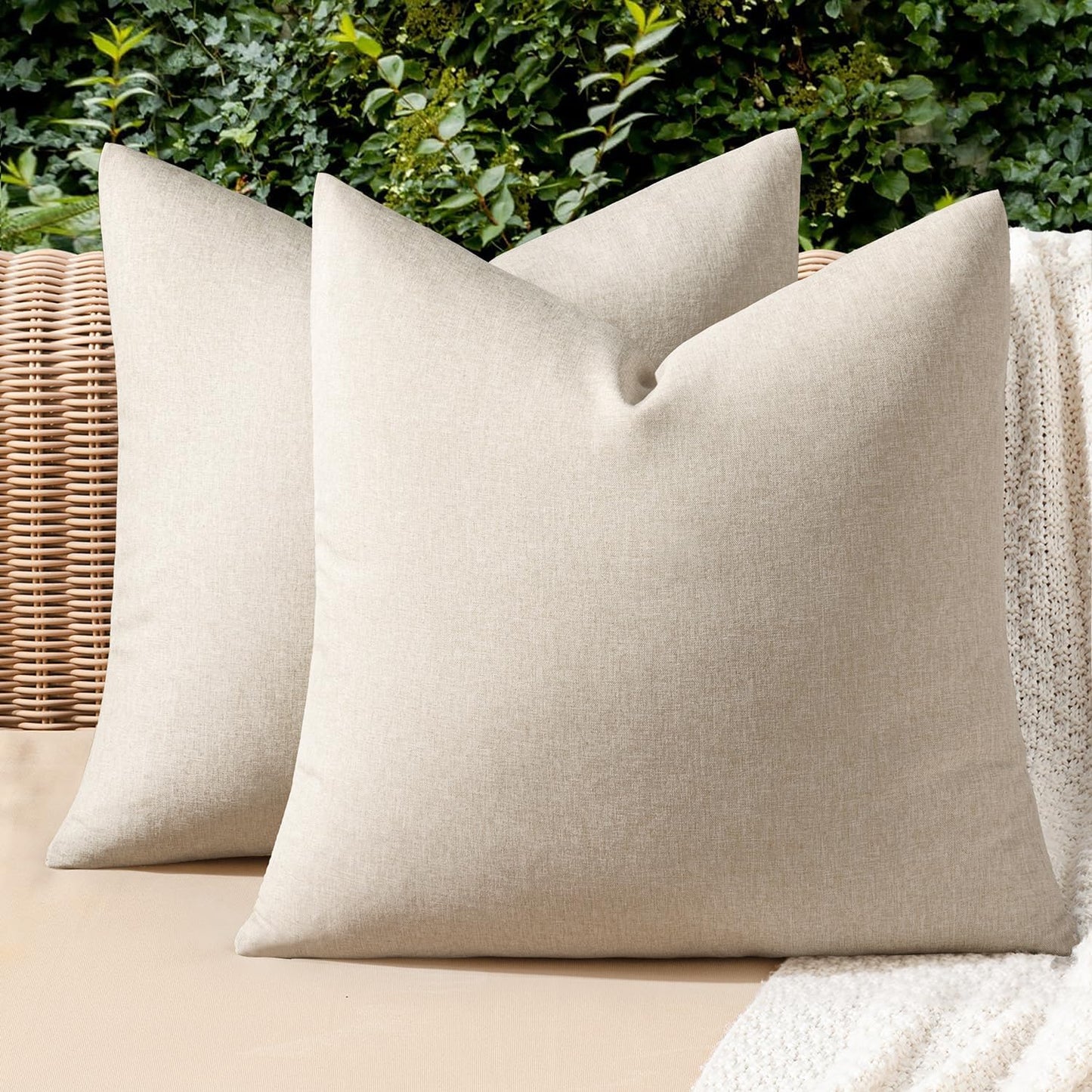 MIULEE Waterproof Outdoor Throw Pillow Covers - Pack of 2 Faux Linen Cushion Cases | 22x22 Inch Beige