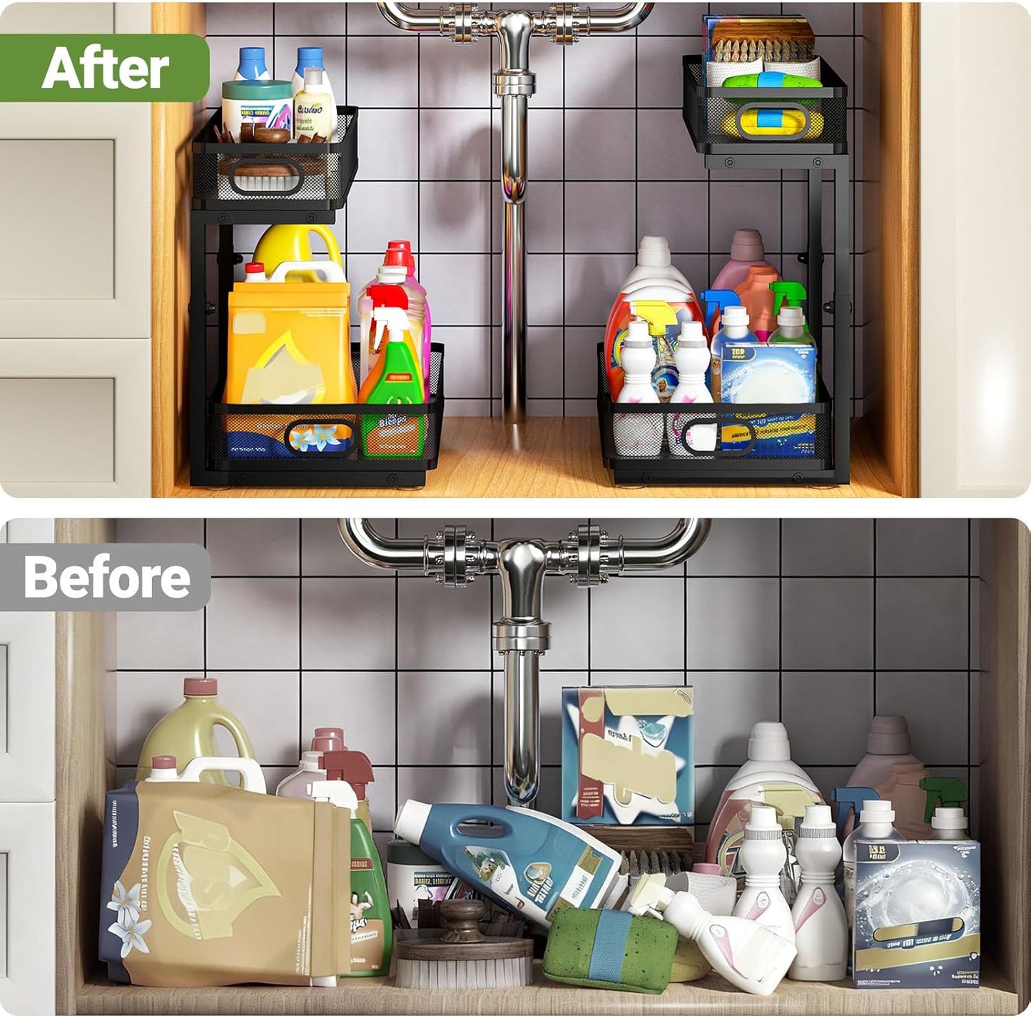 Under Sink Organizer by [Brand Name] - 2-Tier Metal Pull-Out Cabinet Shelf with Adjustable Height | Space-Saving Storage for Kitchen & Bathroom