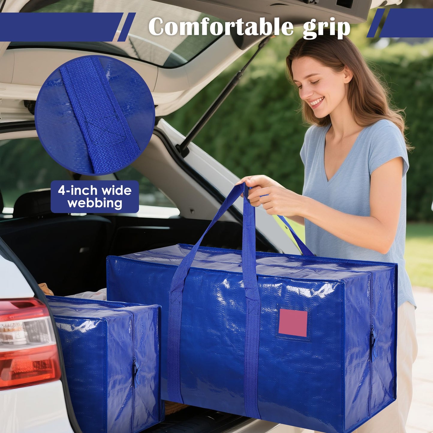 RMOHRO 12 Pack Moving Bags with Full-Open Side Zipper, Extra Large 93L Heavy Duty Waterproof Foldable Storage Totes for College Dorm, Moving & Home Organization Blue