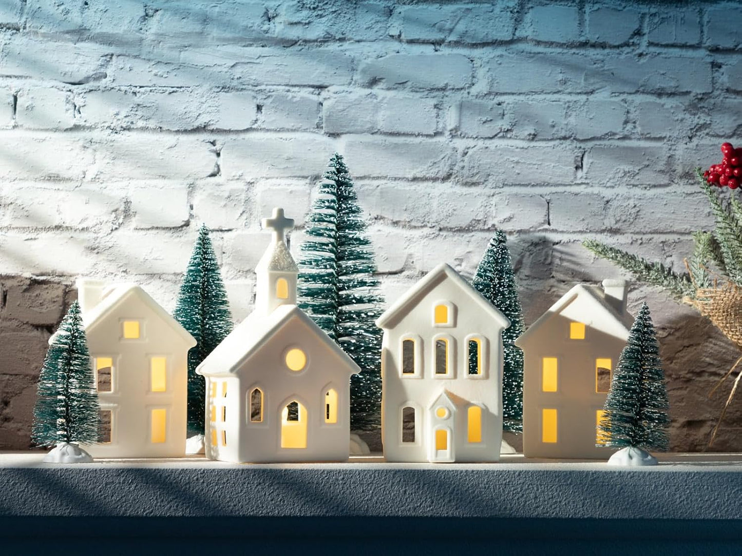 Regine Switzerland Christmas Village Figurines Set - 4 Lighted Ceramic Houses with Remote & 5 Trees - Rustic Holiday Decor for Home Table