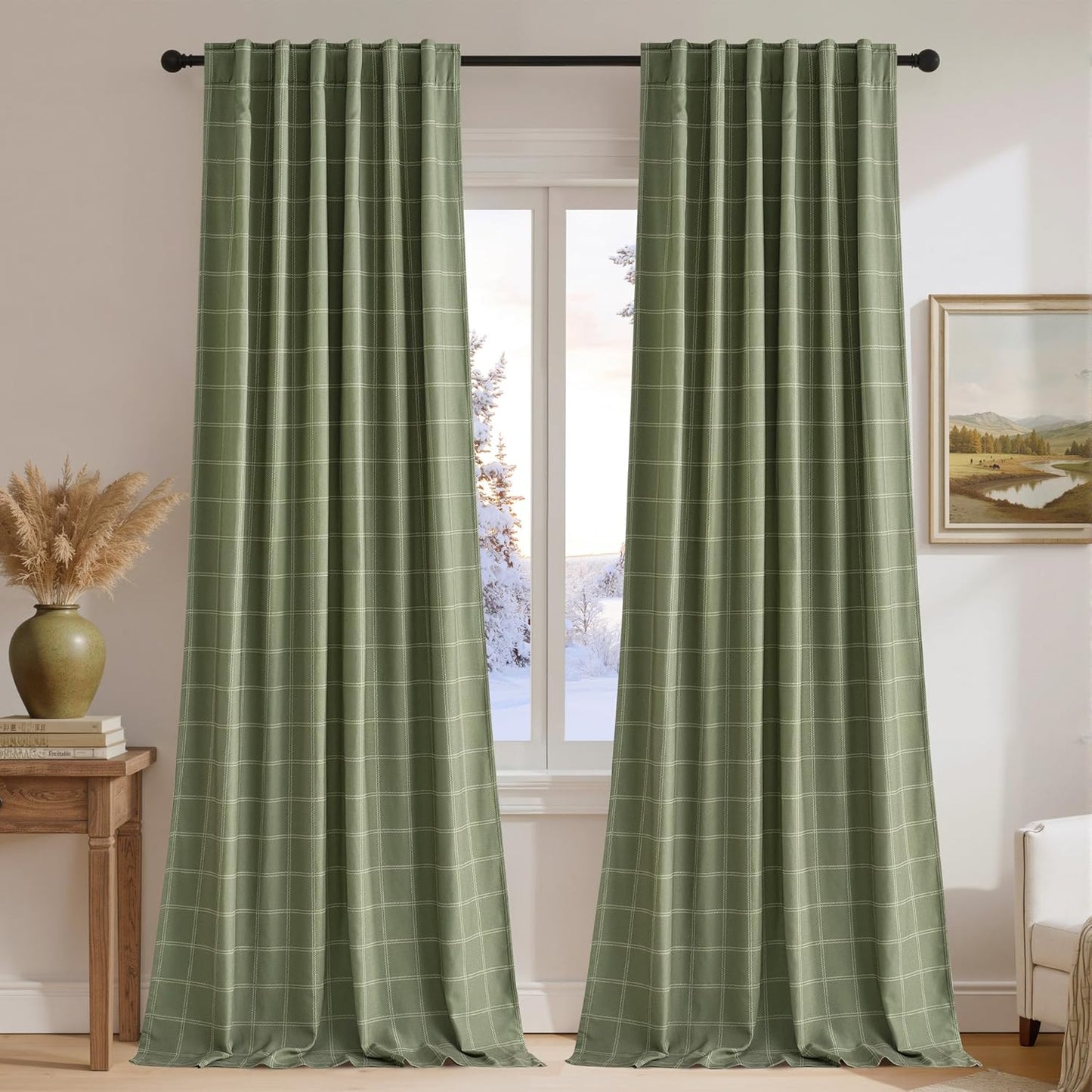 NICETOWN Buffalo Plaid Blackout Curtain Panels - Thermal Insulated Drapes, Moss Green | 52" W x 84" L