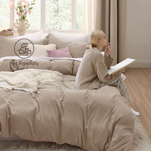 Bedsure Duvet Cover Set - Light Brown Full Size, Extra Soft Cotton-Like Bedding, 3 Pieces, 80x90 Inches