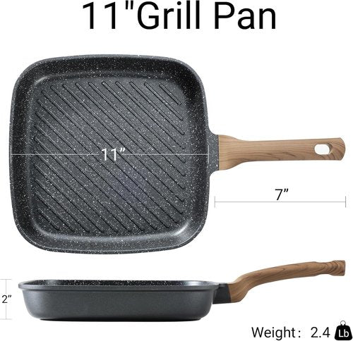 CAROTE 11 Inch Nonstick Grill Pan - Premium Granite Coating, Square Skillet for Indoor/Outdoor Use, PFOA Free, Black
