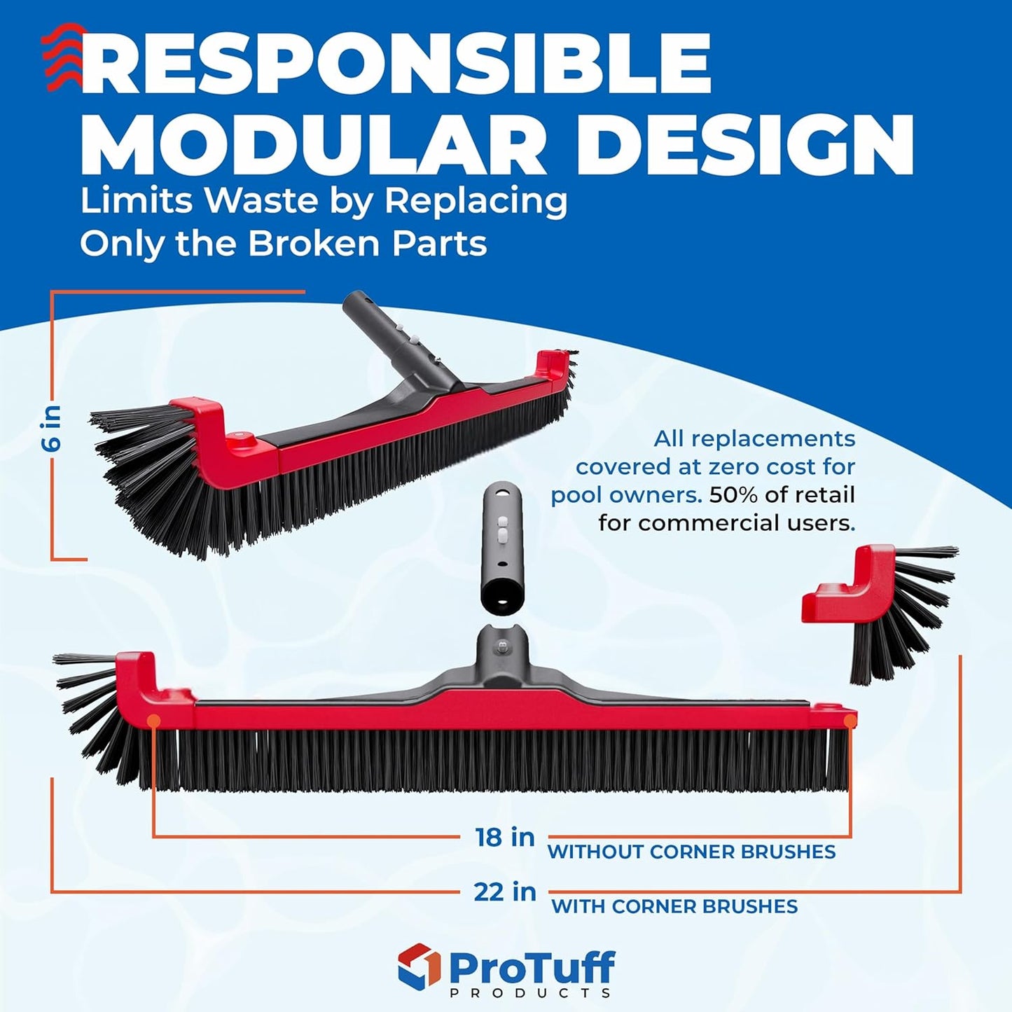 ProTuff 22" Pool Brush Head - Sturdy Bristles for Fast Cleaning - Extra-Wide Scrubber with Pole Attachment