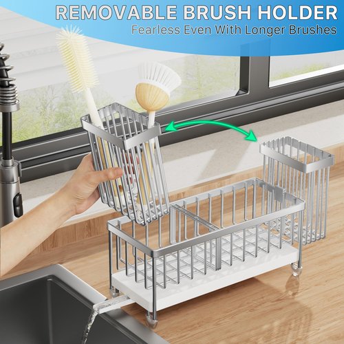 Cisily Sponge Holder for Kitchen Sink, Sink Caddy Organizer with High Brush Holder, Kitchen Countertop Organizers and Storage Essentials, Rustproof 304 Stainless Steel (Silver, 9.25″)