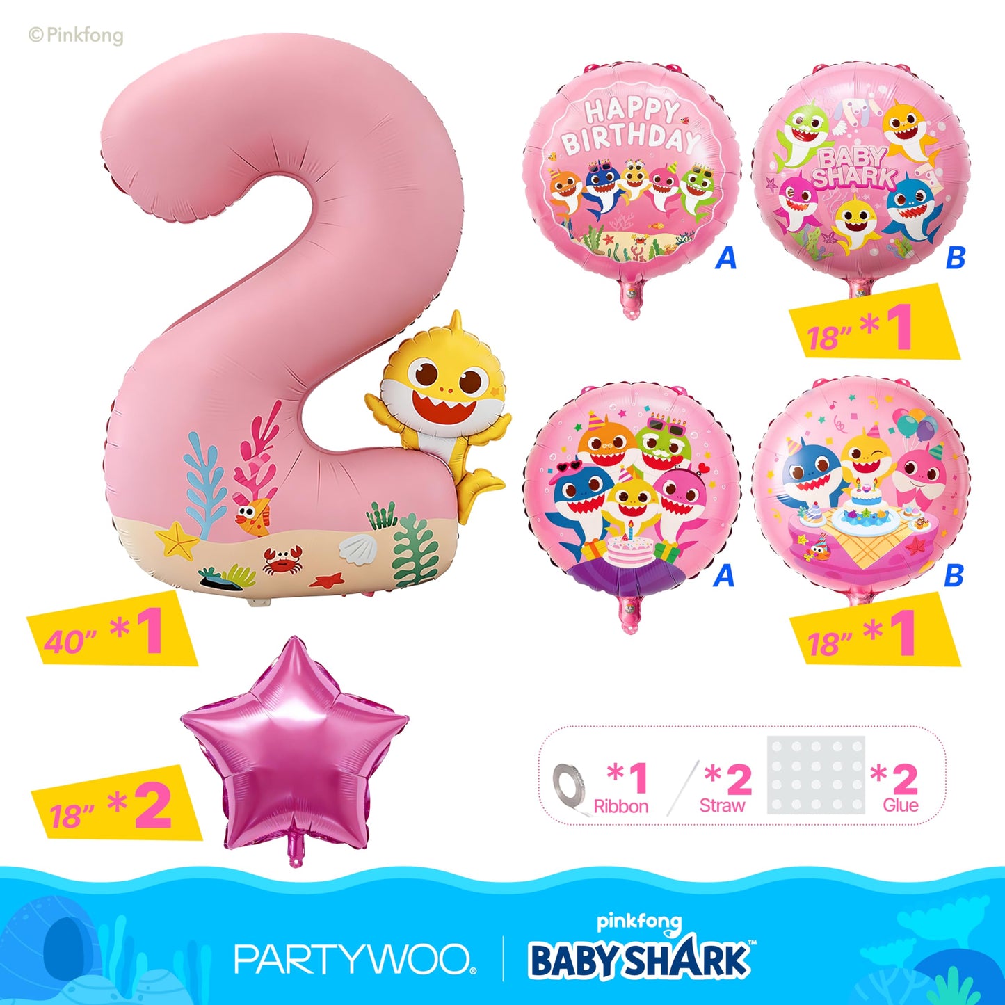 PartyWoo Baby Shark Pink Foil Number 2 Balloon 5pcs 40 18 Inch Pink Round Star Mylar Helium Birthday Balloons for Boys and Girls Baby Shark Under the Sea Ocean Kids Second Birthday Party Decorations