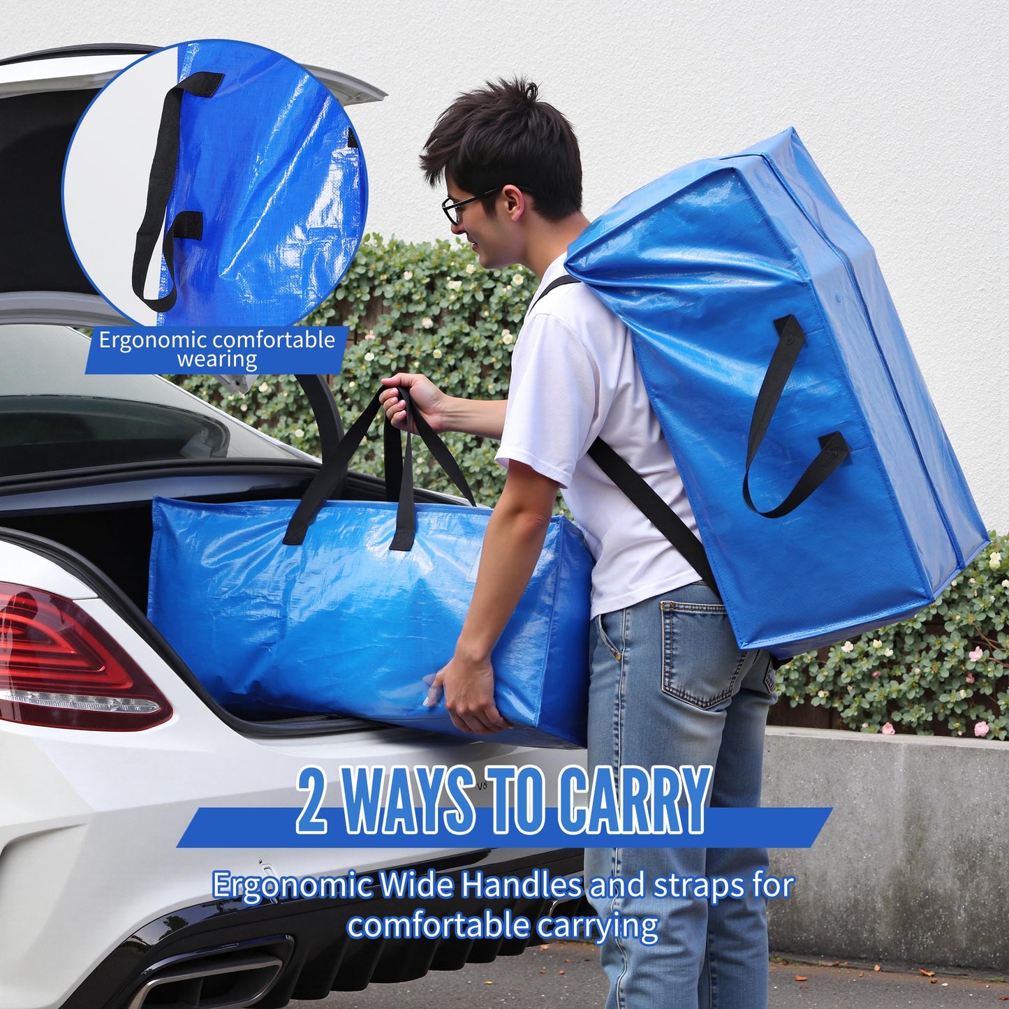 BAGAIL Heavy Duty Moving Bags with Strong Handle, Extra Large Moving Boxes, Storage Tote for Clothes, College Moving Supplies(Blue, Backpack, 6 Pack)