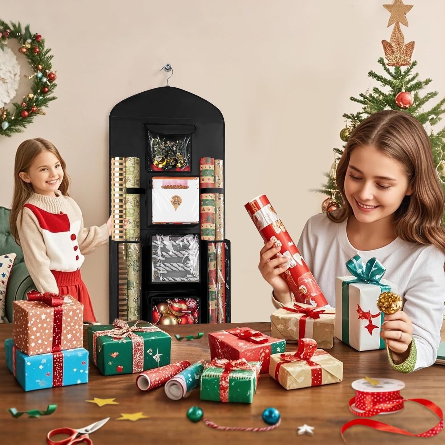 Woodoulogy Gift Wrapping Paper Storage Bag - 40"X17" Double-Sided Black Organizer for Christmas Wrap
