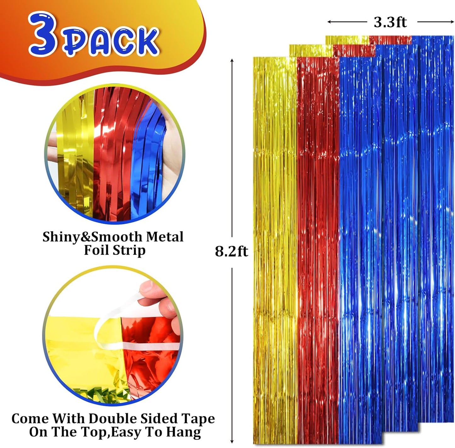 Voircoloria 3 Pack Tinsel Streamer Backdrop Curtains - Blue, Red & Gold Foil Fringe | 3.3 x 8.2 Ft Party Decorations