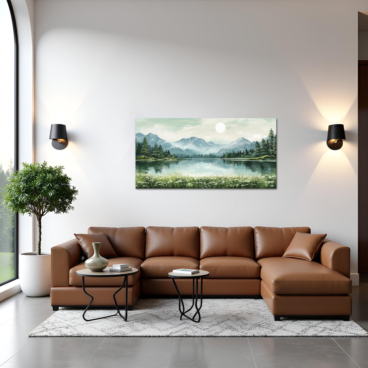 sechars Mountain Lake Canvas Wall Art Nature Wilderness Painting Prints Relax Calm Scenic Picture for Living Room Bedroom 20"x40" (Green)