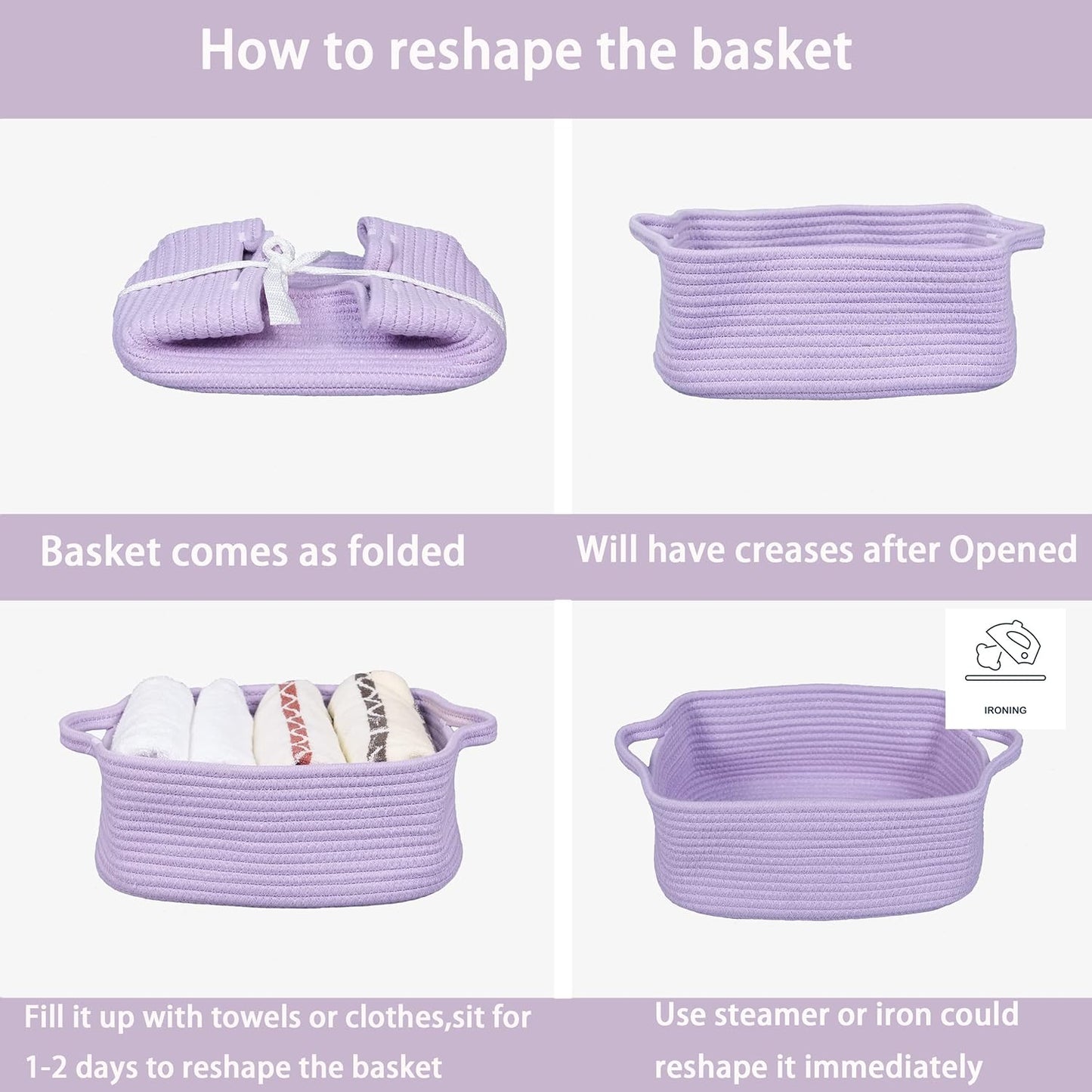 XUANGUO Woven Cotton Rope Storage Basket - Decorative Rectangle Toy Bin with Handles | Light Purple