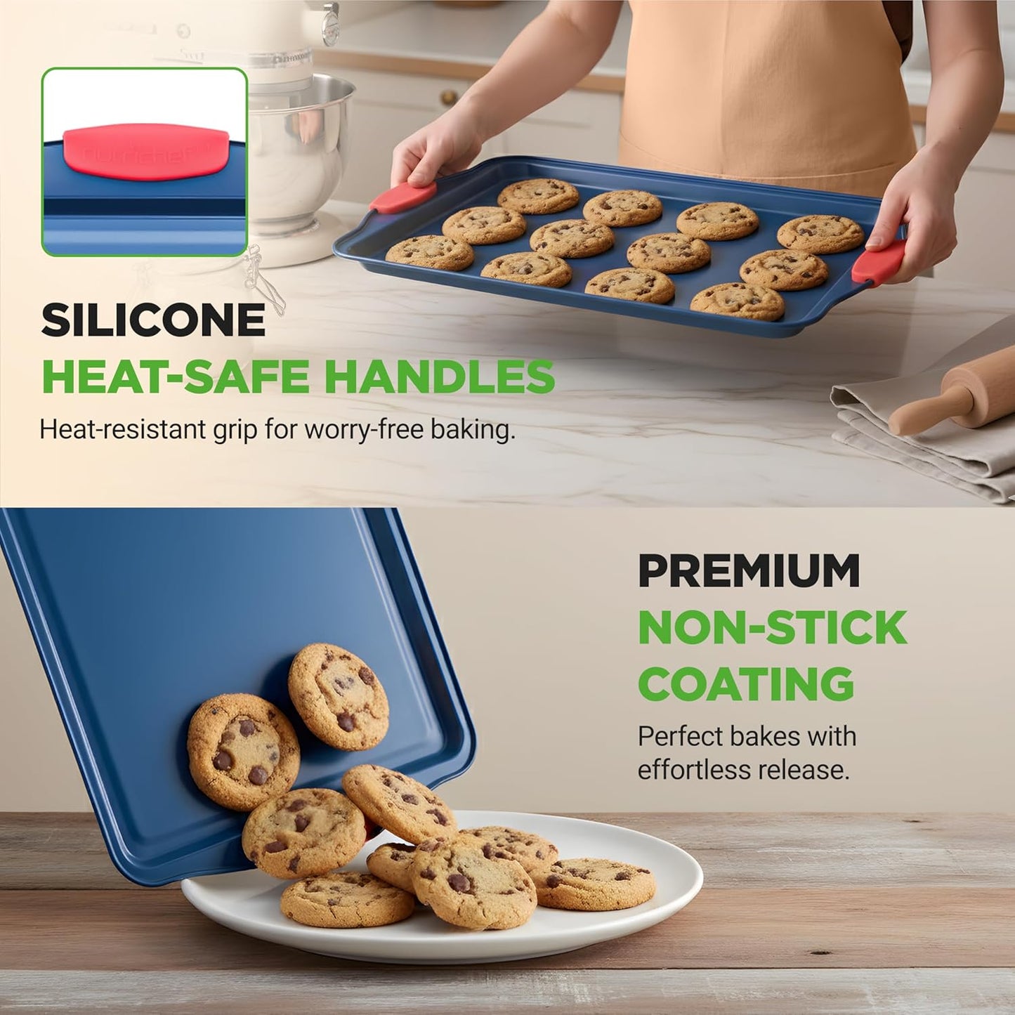 NutriChef Nonstick Cookie Sheets - Premium Carbon Steel Baking Trays with Silicone Handles | Set of 3 - Blue