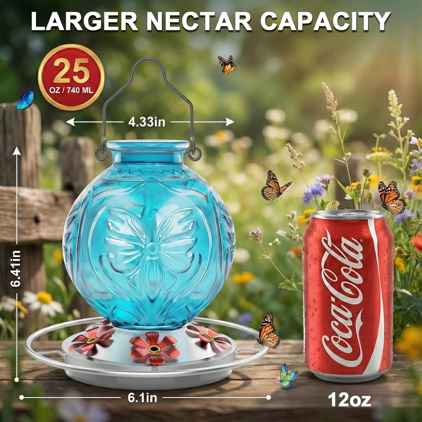 Skiennix Glass Hummingbird Feeder - 25 Oz Leak-Proof Outdoor Nectar Feeder with 5 Flower Ports | Blue