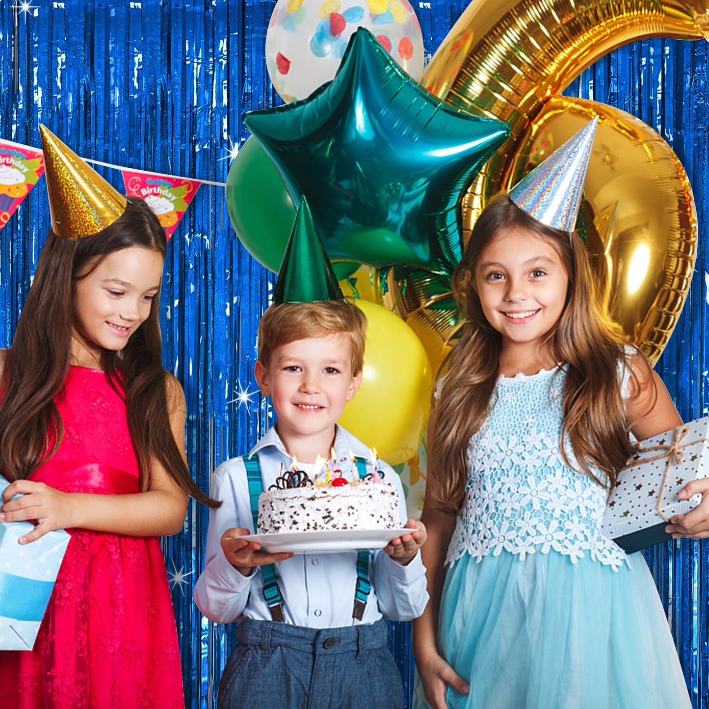 Tinsel Curtain Party Backdrop Blue Birthday Party Decorations 5 Packs Glitter Foil Fringe Curtain Party Decor Streamers Photo Booth for Birthday Christmas Wedding Halloween Graduation Decorations