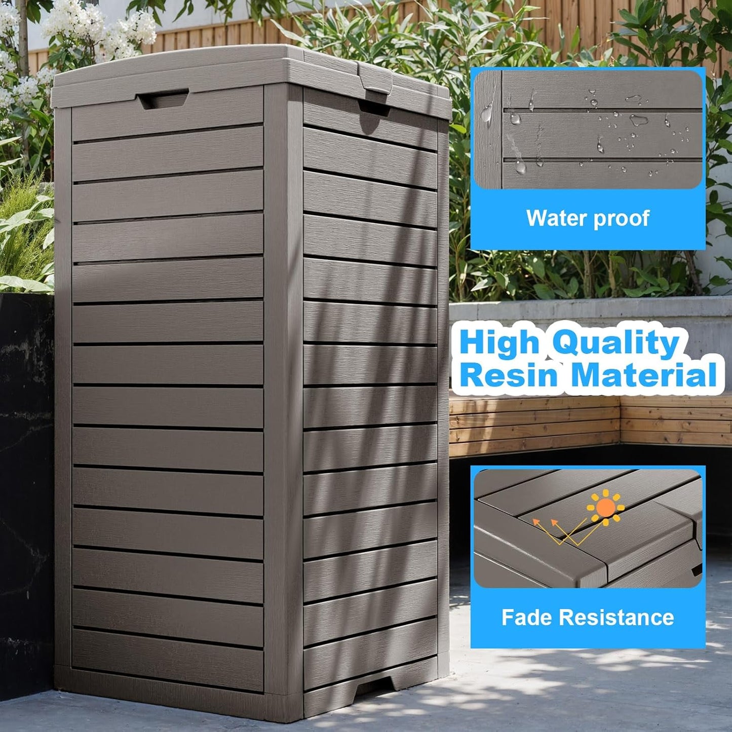 Regine Switzerland Outdoor Trash Can - Waterproof Resin Bin with Dual Lid Closure | 38 Gallon, Grey