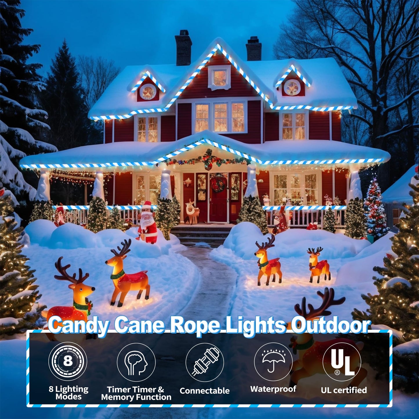 Jnaurb Christmas Candy Cane Lights, 66ft 480 LED Connectable Flexible White & Blue Candy Cane Rope Lights for Outside, 8 Modes Waterproof LED Christmas Light for Garden Patio Tree Holiday Party Decor