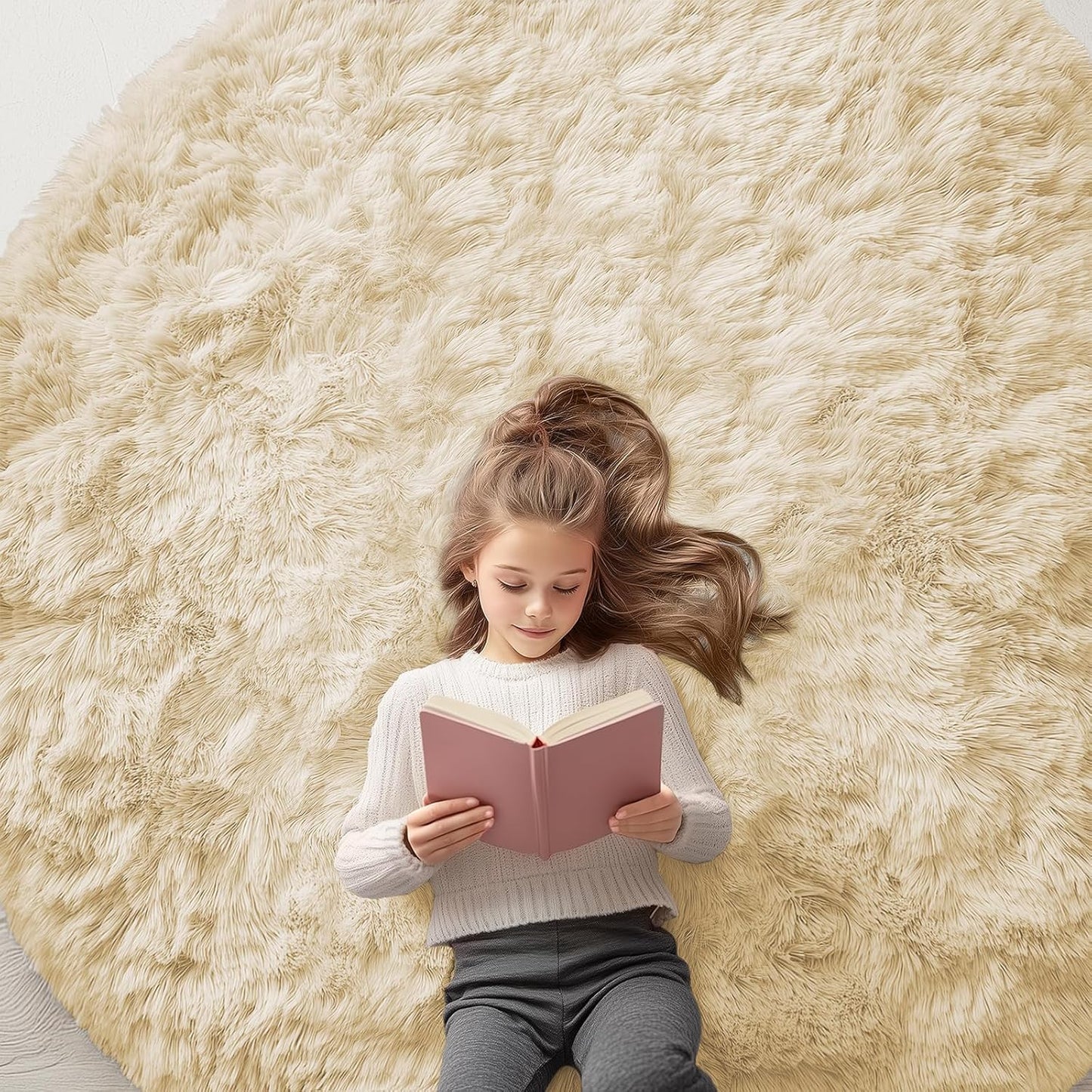 OLANLY Cream Round Area Rug - Soft, Fluffy, Machine Washable 6 ft Circle Carpet for Bedroom & Living Room