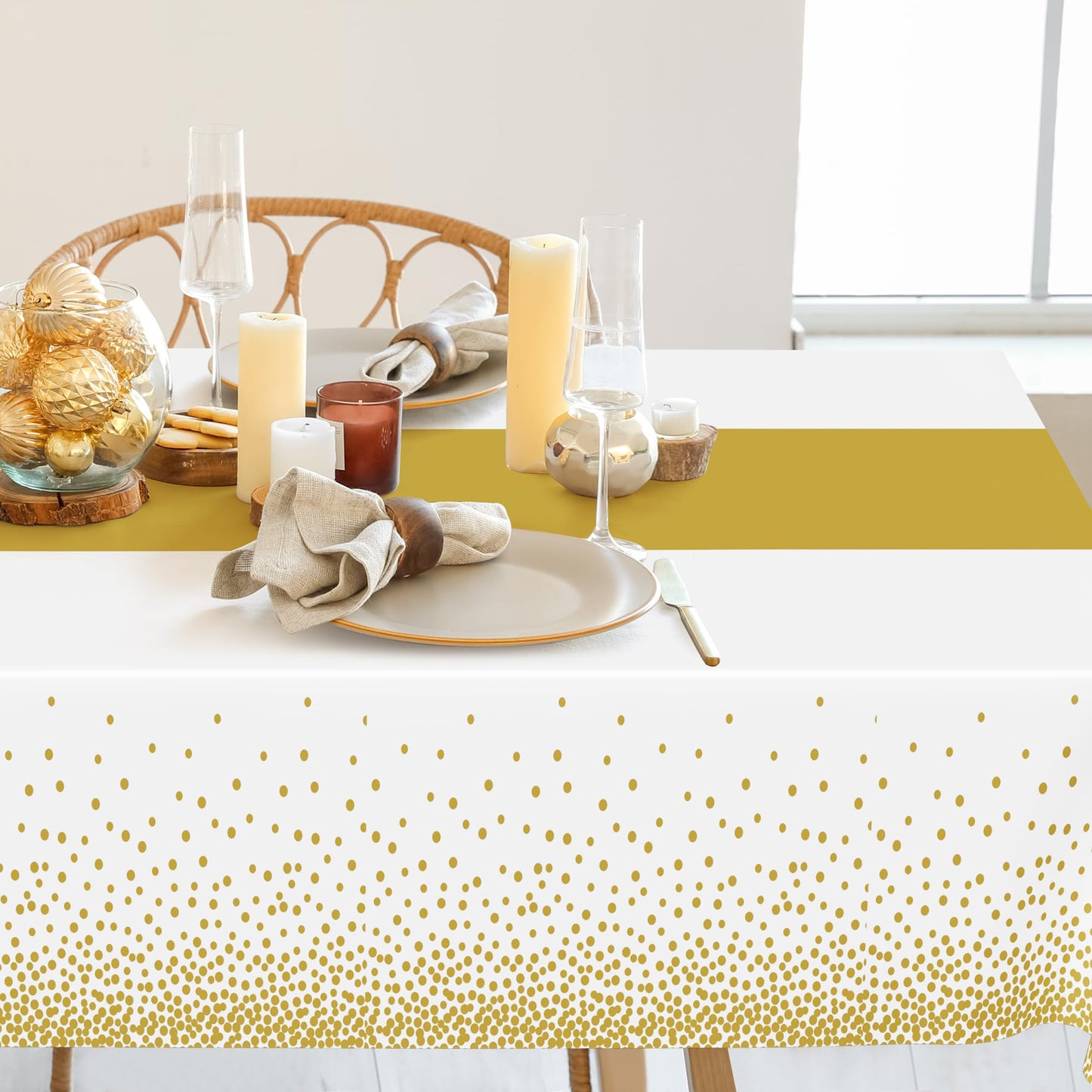 QZYL 12Pack Table Cloth Rectangle Tables, 54" x 108" Disposable Party White Table Cloths with Gold Dot, Waterproof Table Covers for Birthday Outdoor Wedding New Year Eve Birthday Decorations Supplies