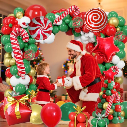 JANEF 135pcs Christmas Balloon Garland Arch Kit with Foil Candy Stars Cane Gift Box Balloons for Christmas Holiday Birthday Xmas Supplies Party Decoration