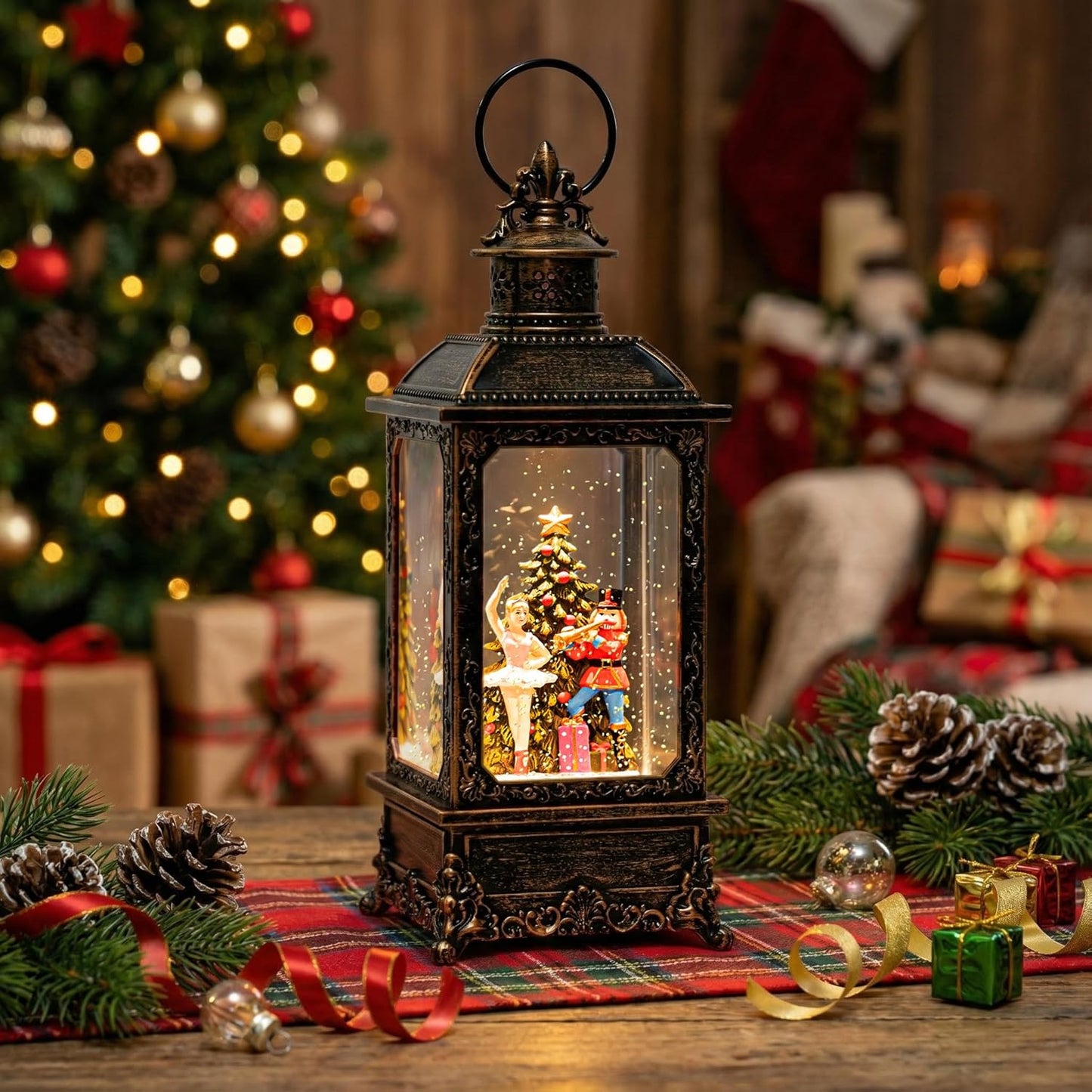 VISFLAIR Christmas Snow Globe Lantern - Musical Nutcracker & Ballerina with Glittering Lights | Battery or USB Powered