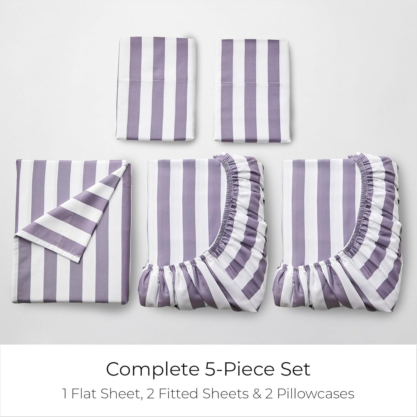 Mellanni Split King Sheets Set - 5 PC Hotel Luxury Bedding | Soft, Cooling, Wrinkle-Resistant (Oxford Stripe Hazy Lilac)