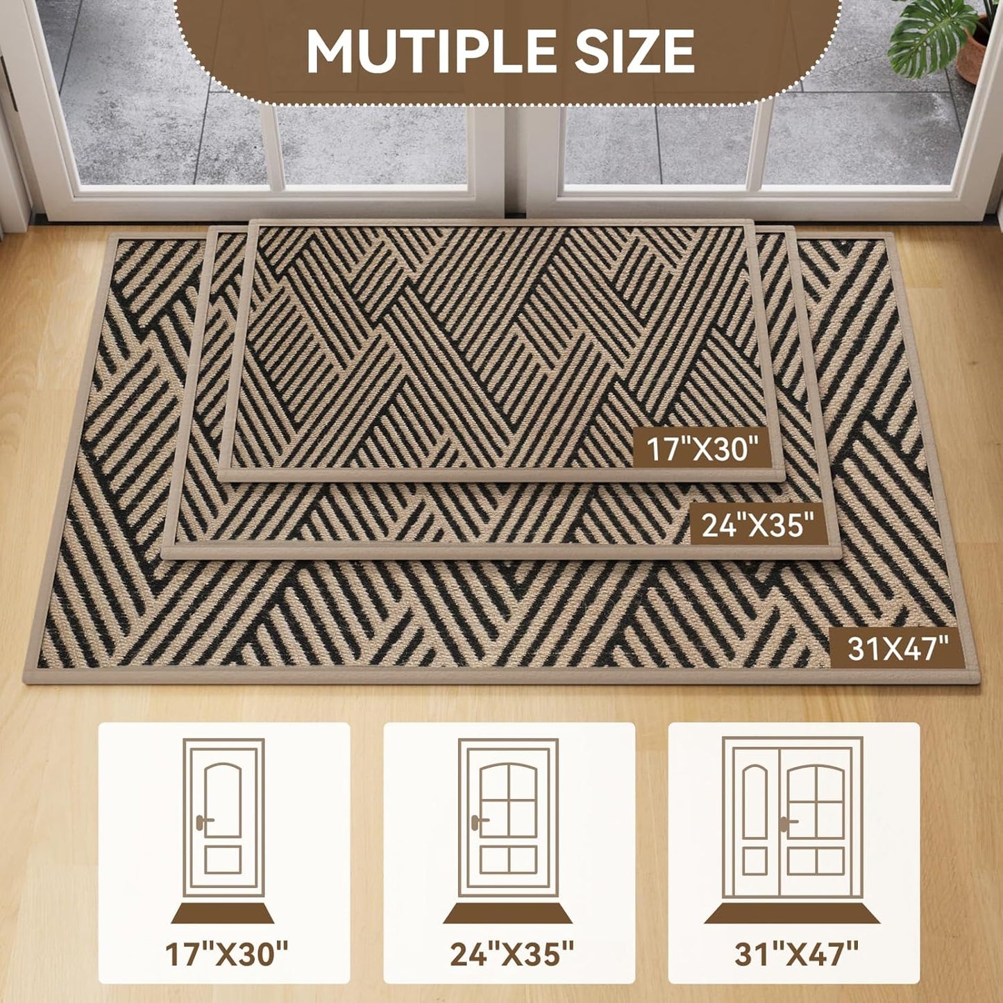 Skiennix Door Mat - Low-Profile Non-Slip Indoor/Outdoor Entryway Mat | 17"x30", Dirt-Resistant, Washable, Brown