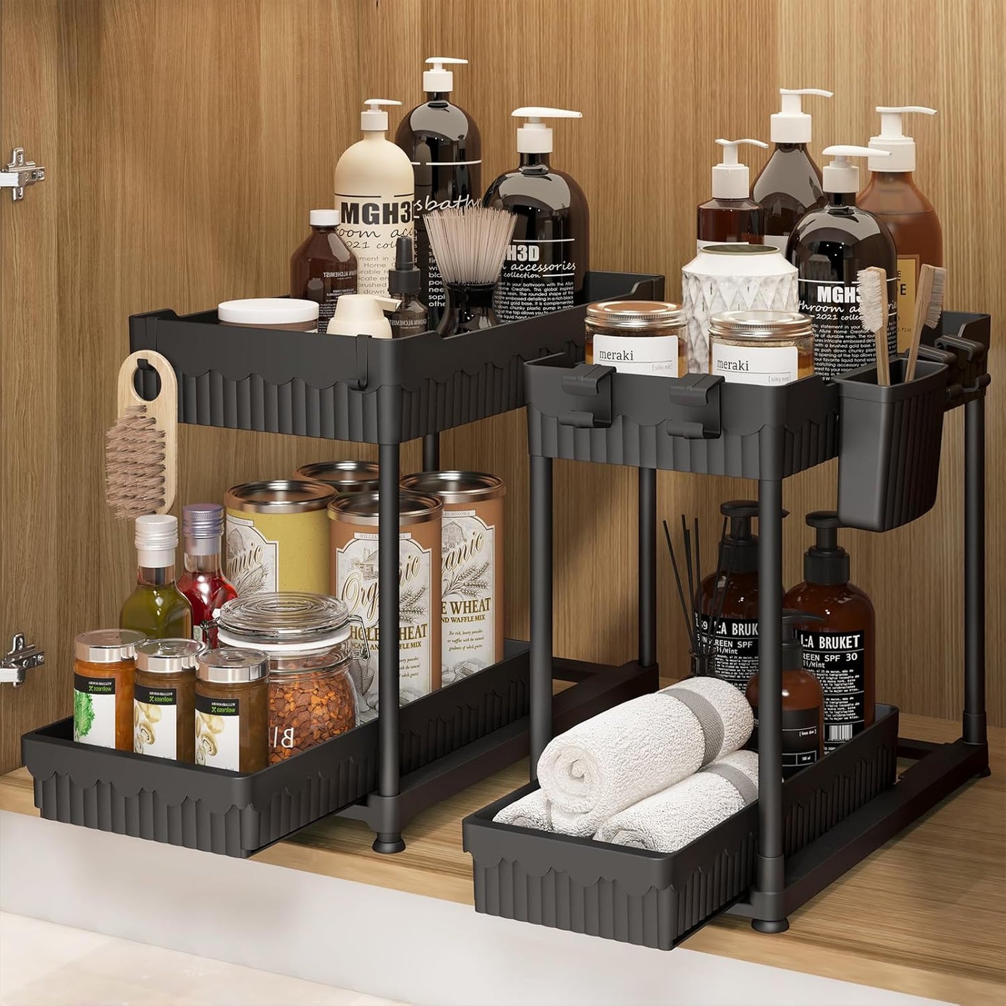 Sevenblue Under Sink Organizer - 2 Tier Multi-Use Pull Out Cabinet Storage with Hooks & Cups | Black, 2 Pack
