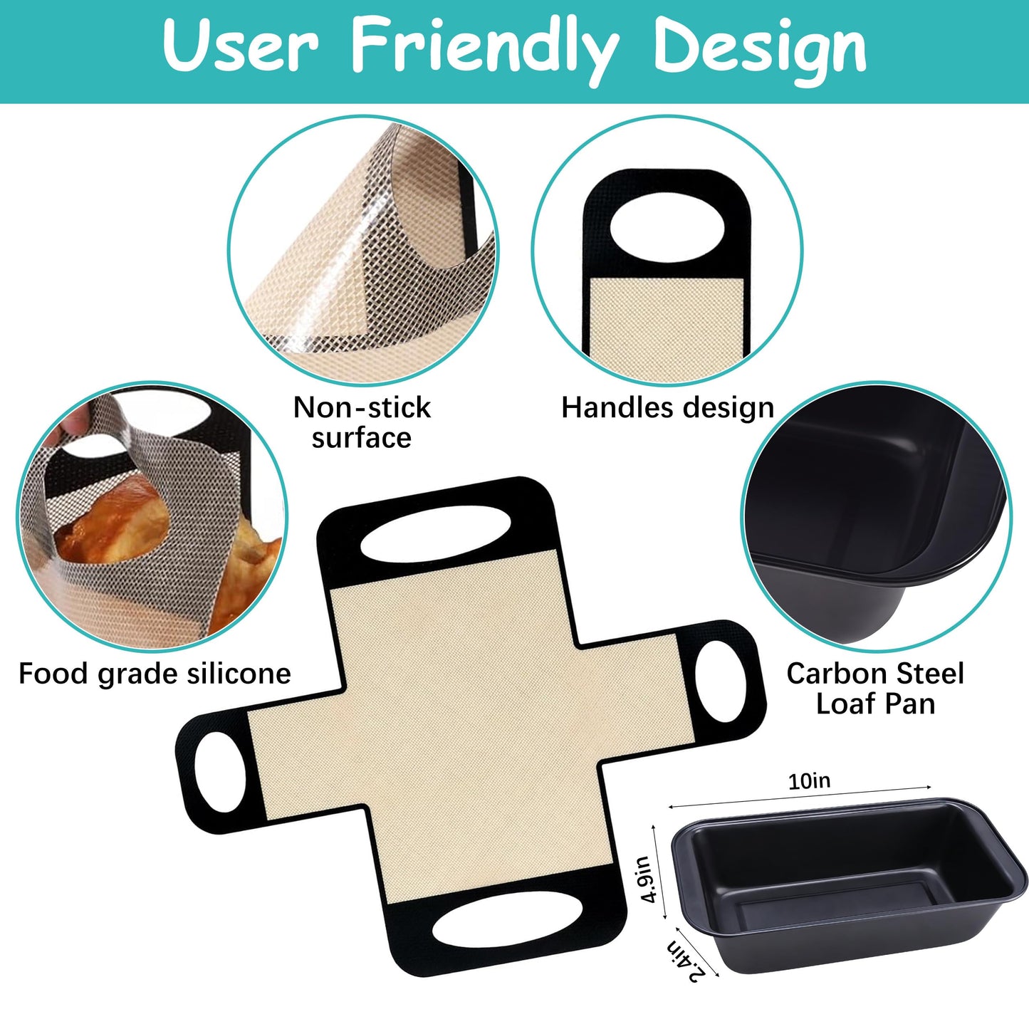 9 x 5 Loaf Pan Set with Silicone Bread Sling – 2 Bread Pans + 2 Nonstick Loaf Liners for Homemade Baking, Sourdough, Banana Bread, Sandwich Loaves – Rectangular Baking Tray for Kitchen Home Baker