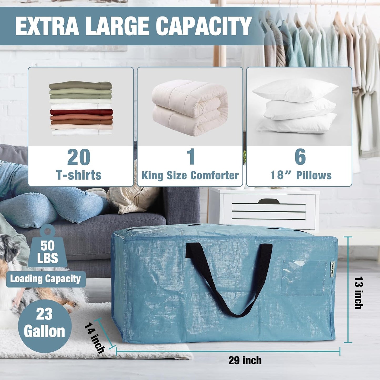 WORKPRO Extra Large Moving Bags - Heavy-Duty Storage Totes with Zippers & Backpack Straps | Dusty Blue, 6 Pack