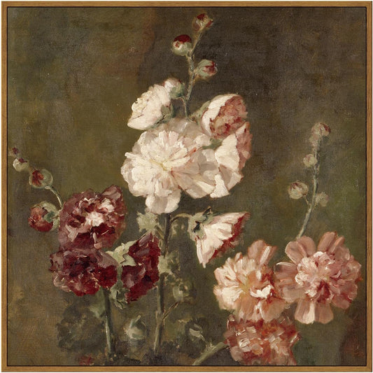 ARPEOTCY Vintage Floral Large Square Framed Wall Art, Hollyhocks Flower Canvas Paintings Art Decor Aesthetic, Retro Still Life Wall Pictures for Room Decoration, 24x24 Inch