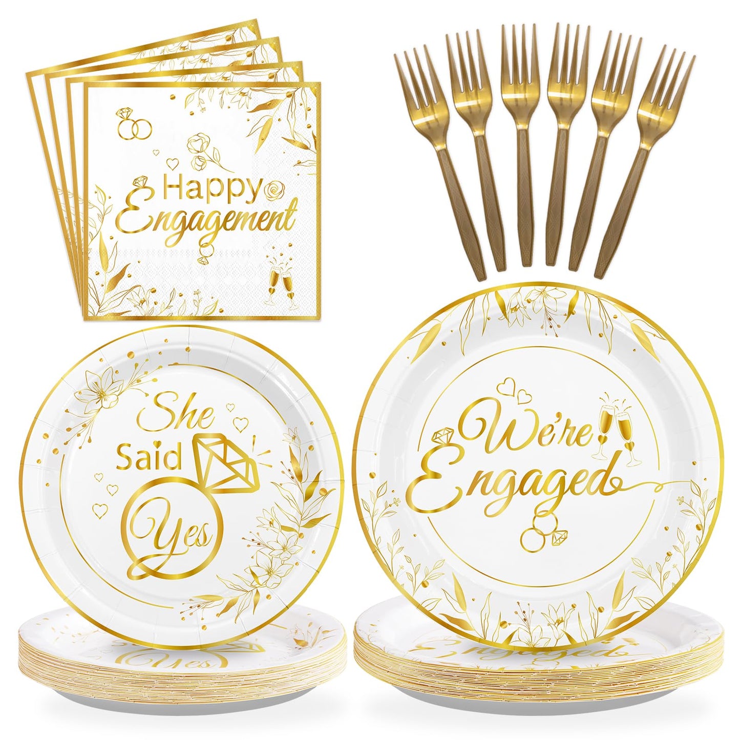 Grencian 96Pcs Happy Engagement Party Supplies White Gold Diamond Ring Plates Napkins She Said Yes Party Disposable Dinnerware for Wedding Bridal Shower Just Engaged Decoration Serve 24