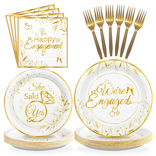 Grencian 96Pcs Happy Engagement Party Supplies White Gold Diamond Ring Plates Napkins She Said Yes Party Disposable Dinnerware for Wedding Bridal Shower Just Engaged Decoration Serve 24