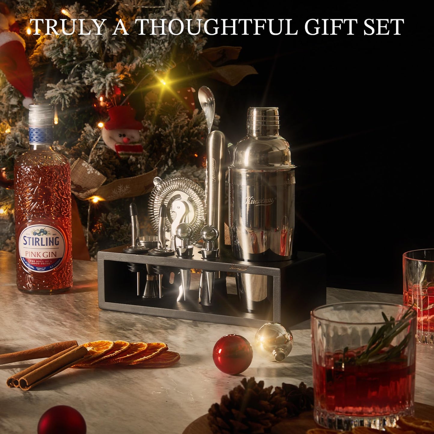 KITESSENSU Cocktail Shaker Set with Stand | Mixology Bartender Kit Bar Set with Essential Bar Accessories for Home Bar: Martini Shaker, Jigger, Muddler, Bar Spoon | Drink Mixer Cocktail Kit