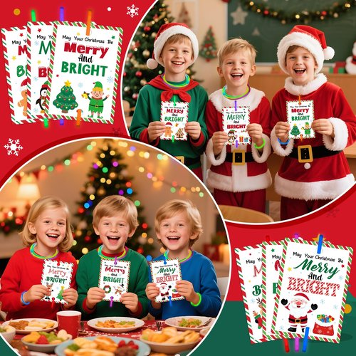 Haooryx Christmas Glow Stick Bracelets Bulk - 36 Pack Merry and Bright Glow Stick Bracelet with Gift Card Light up Toy for Kids Christmas Night School Party Favor Student Reward Game Prize Xmas Supply