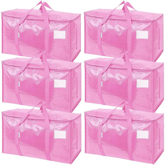 TICONN 6 Pack Extra Large Moving Bags Heavy Duty with Zippers & Carrying Handles, Durable Storage Bags Moving Boxes for Closet Organizers and Storage (6 Pack, Pink)
