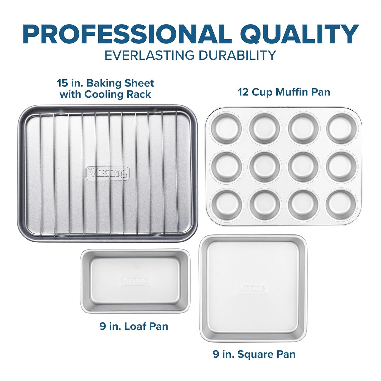 Viking Premium 5-Piece Nonstick Ceramic Baking Pans Set - PFAS-Free Heavy Gauge Bakeware | Oven Safe to 475°F, Silver