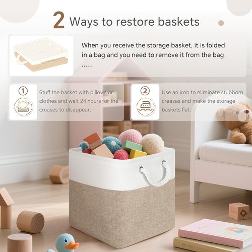 FinishingBo Fabric Storage Cubes - 6 Pack 11x11 Inch Bins with Handles for Home & Office | White/Khaki