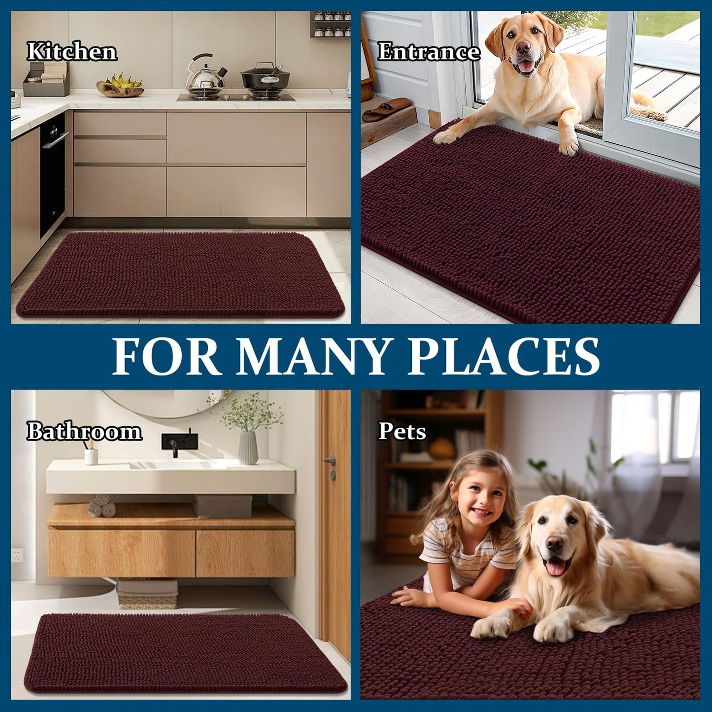 OLANLY Dog Door Mat - Absorbent Non-Slip Washable Chenille Mat for Muddy Paws | 70x46, Russet Color