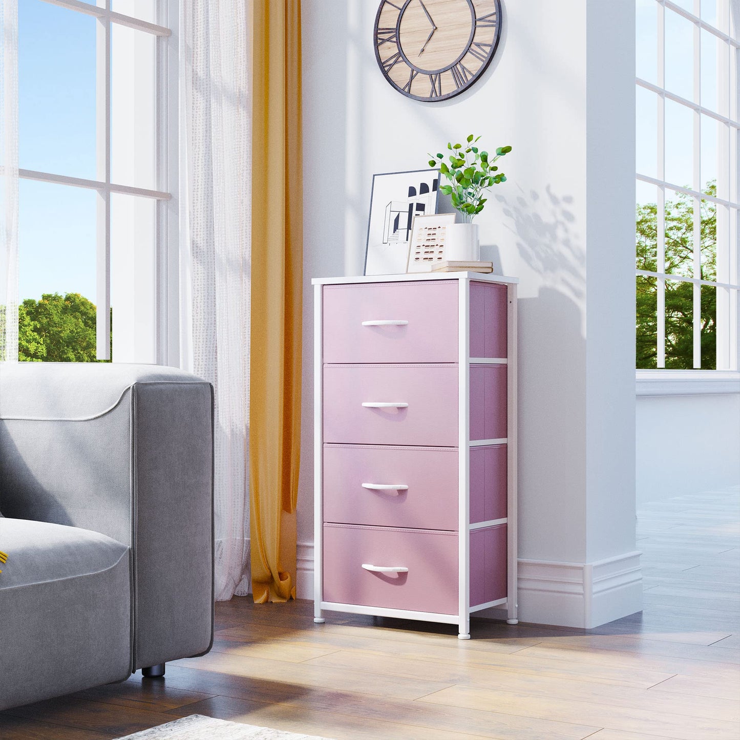 YITAHOME Dresser with 4 Drawers - Storage Tower Unit, Fabric Dresser for Living Room, Closets - Sturdy Steel Frame, Wooden Top & Easy Pull Fabric Bins, Pink