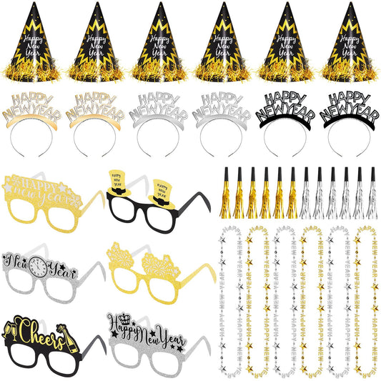 60 Pcs 2025 New Years Eve Party Supplies Decorations Kit Happy Headband Bulk Glasses Cone Hats Necklace Blowout for New Years Favor