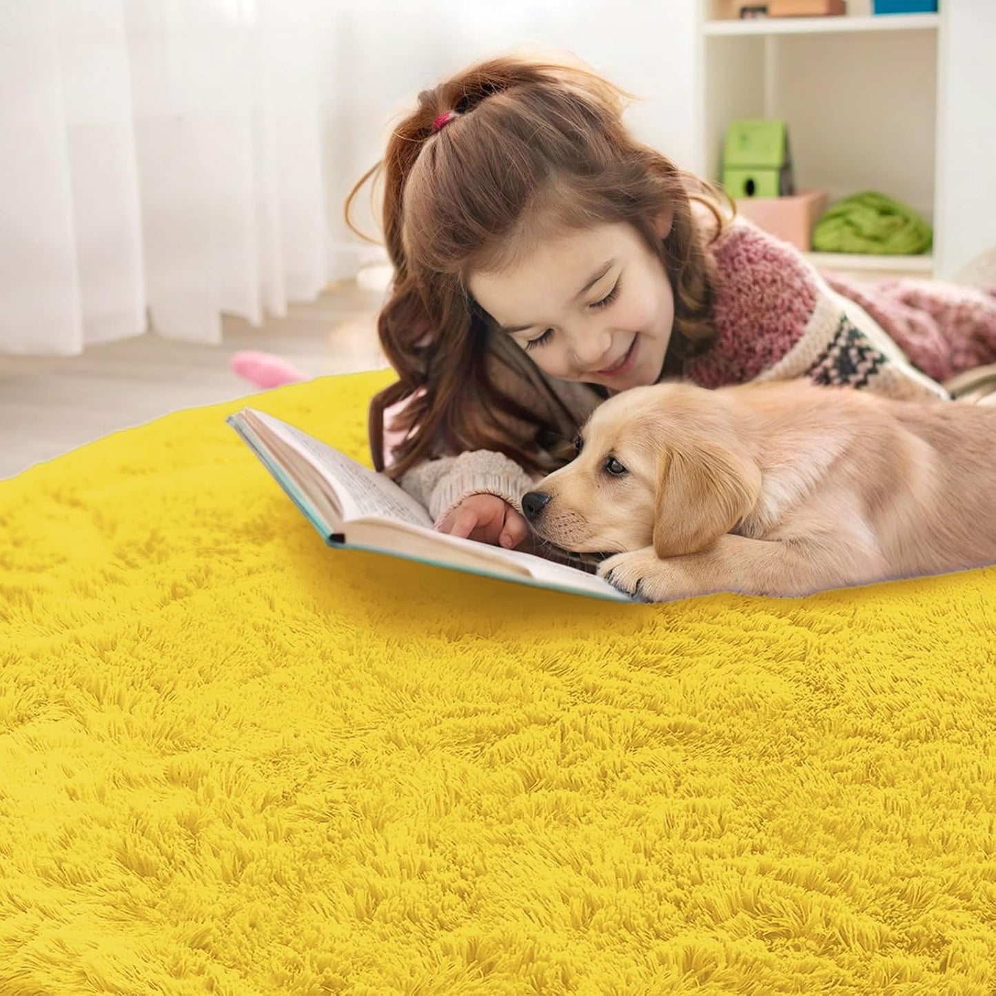 OLANLY Yellow Round Area Rug - Soft, Machine Washable 3 ft Shaggy Carpet for Bedroom & Living Room Decor