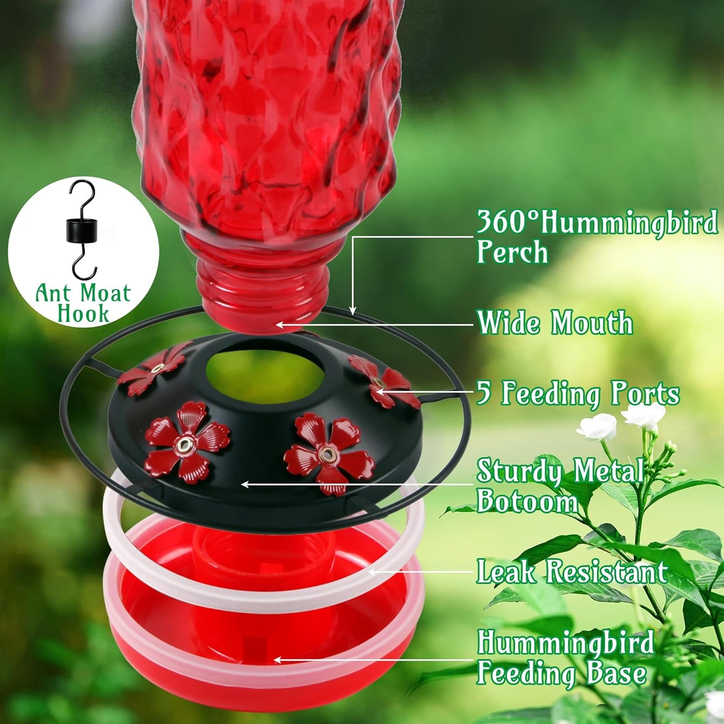 Skiennix Glass Hummingbird Feeder - 25 Oz Red Nectar Feeder with 5 Feeding Ports & Ant Moat | Ideal Garden Gift