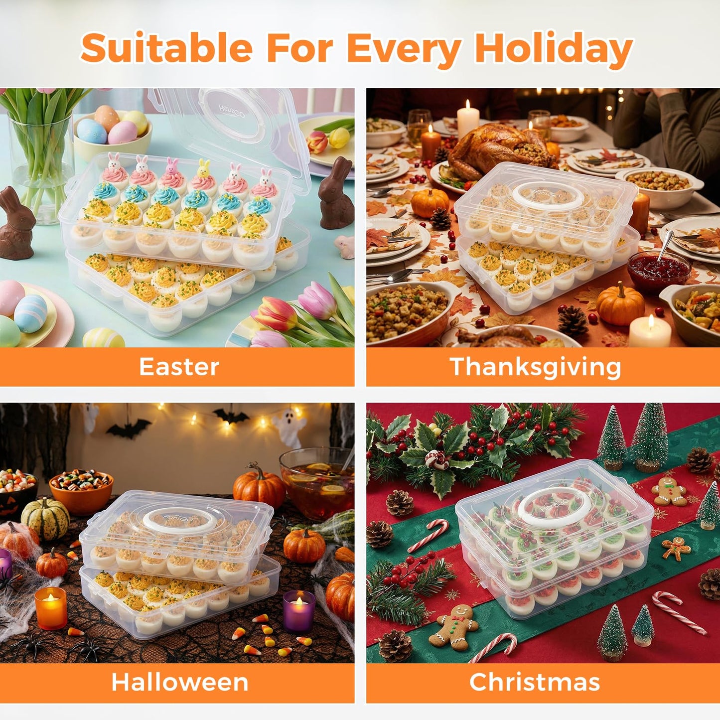 HANSGO 2 Pack Deviled Egg Containers with Lid, Portable Devil Egg Holder for 48 Eggs Clear Deviled Egg Carrier Tray for Home Party Kitchen Fridge Organizer