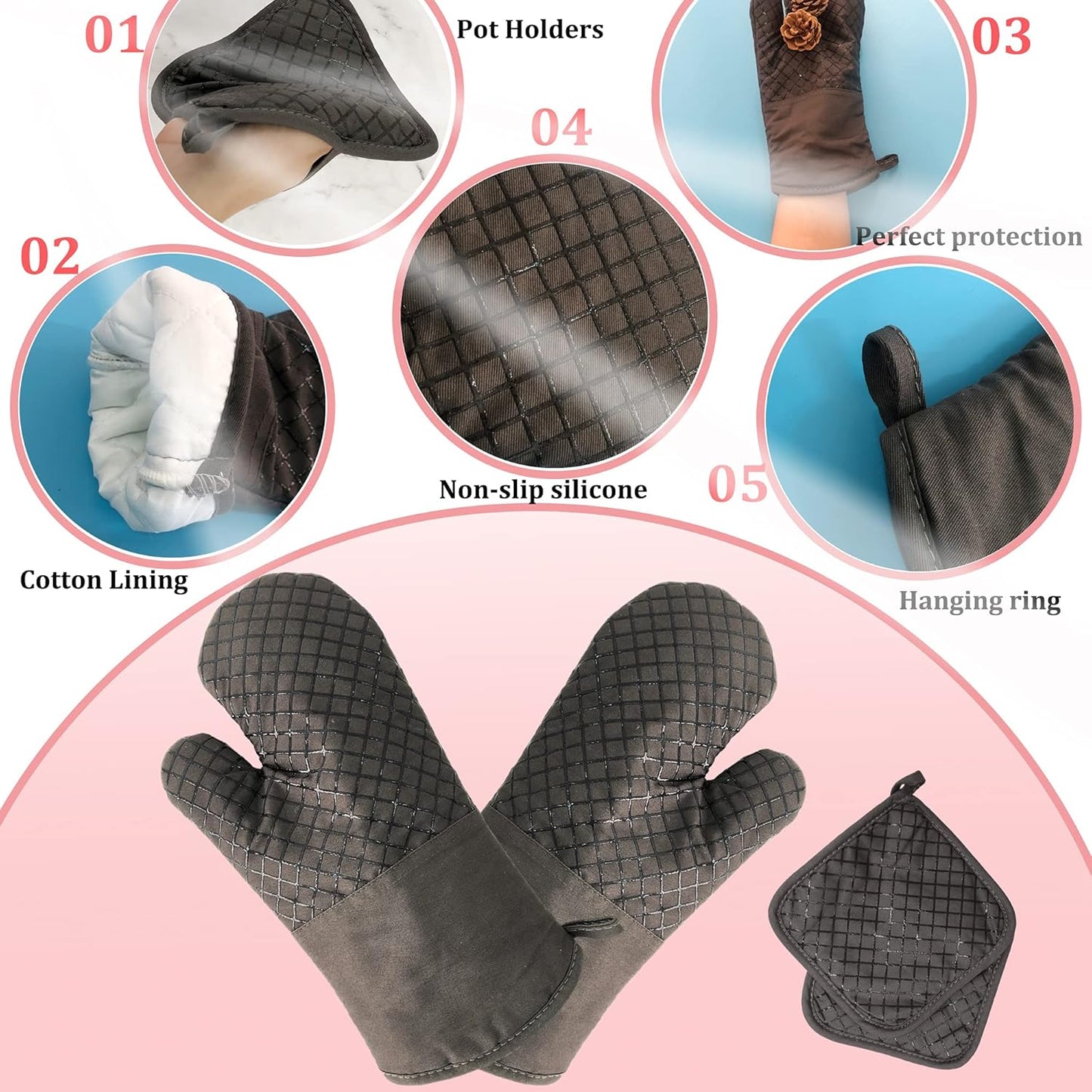 Skiennix Oven Mitts Set - 4 Pcs High Heat Resistant Kitchen Mitts & Pot Holders | Grey, Silicone Non-Slip