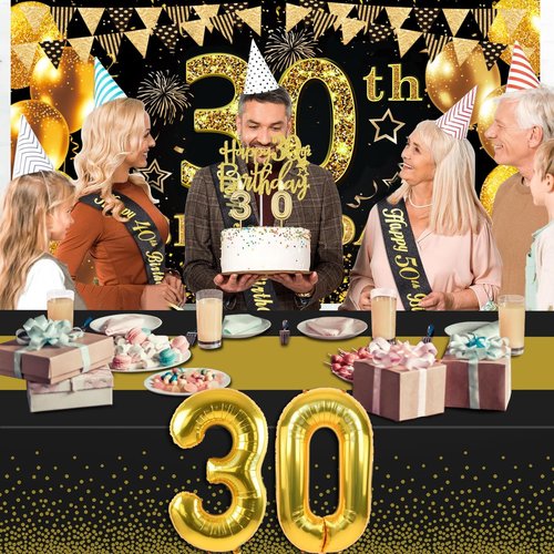 30th Birthday Decorations | Black and Gold Banner, Table Cloth, Balloons, Sash, Cake Topper & Candles