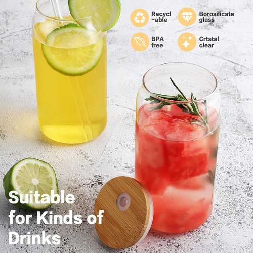 HOMBERKING Glass Cups with Bamboo Lids and Straws 4pcs Set, 16oz Can Shaped Drinking Beer Glasses, Iced Coffee Cups, Cute Tumbler with 1 Cleaning Brush, Ideal for Cocktail, Whiskey, Tea, Gift