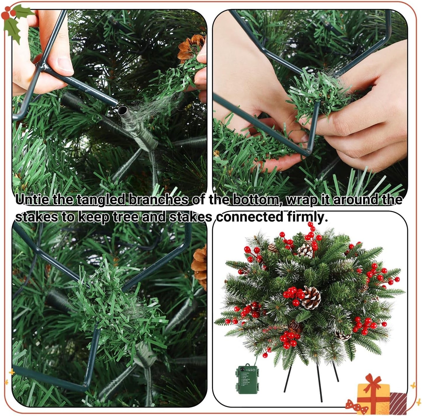 Juegoal Pre-Lit Christmas Tree Urn Filler - Lighted Artificial Pine Trees with 8 Modes & Timer | Battery Powered Outdoor Holiday Decor