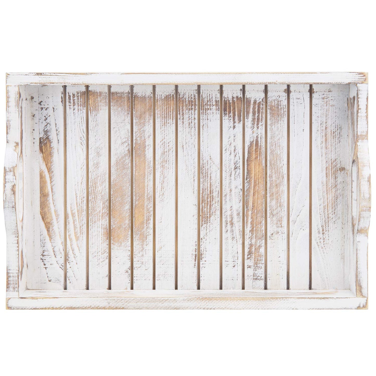 MyGift Shabby Chic Whitewashed Wood Breakfast Serving Tray with Cutout Handles with Slatted Design, Breakfast Ottoman Coffee Table Tray, 16 x 11 Inches